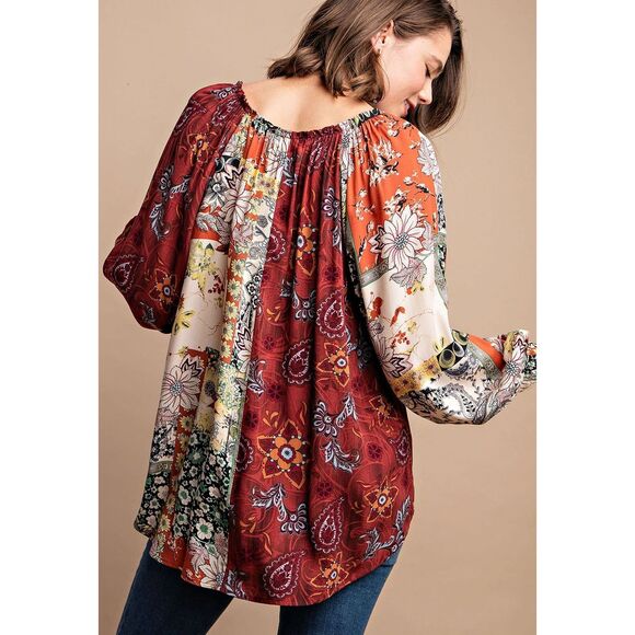 New GIGIO S M L Byzantine Garden Mixed Print V Neck Flowy Hi-Low Hem Top - Picture 2 of 7